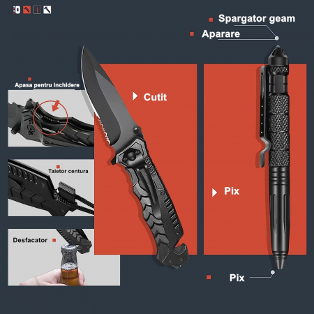Kit supravietuire 19 in 1 Flippy, Cutit/Busola/Lanterna/Fluier/Chingi/Paracord, pentru Caping, Drumetii, Aventuri, Insturmente profesionale, Negru [2]