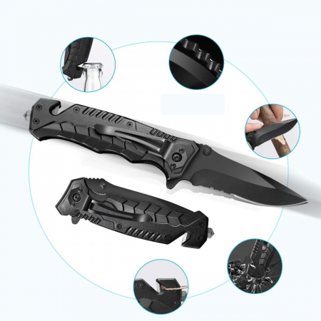 * LICHIDARE STOC * Kit supravietuire 19 in 1 Flippy, Cutit/Busola/Lanterna/Fluier/Chingi/Paracord, pentru Caping, Drumetii, Aventuri, Insturmente profesionale, Negru - [6]