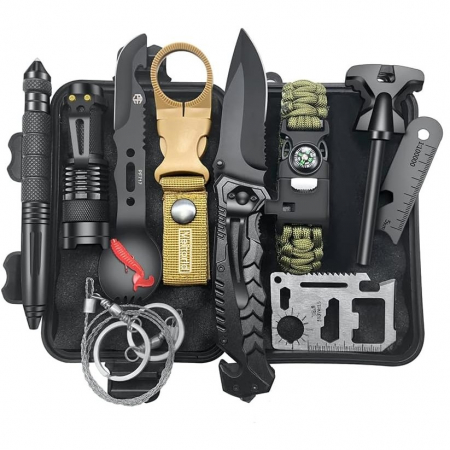 Pentru Casa si Camping - Kit supravietuire multifunctional 13 in 1 Flippy, Instrumente profesionale, agatatoare ghiozdan, pentru Camping, Drumetii, Aventuri in aer liber, borseta inclusa, model cutie, negru