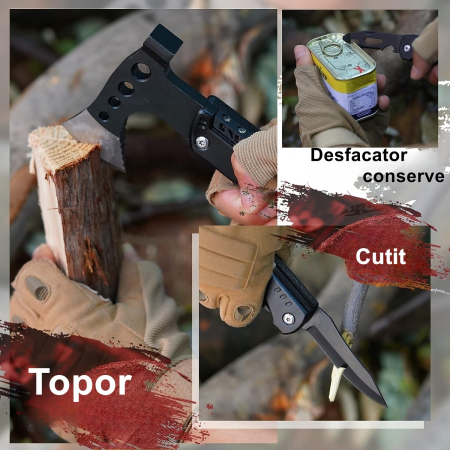 Kit supravietuire multifunctional 16 in 1 Flippy, Instrumente profesionale, Agatatoare ghiozdan, pentru Camping, Drumetii, Aventuri in aer liber, borseta inclusa, negru [6]