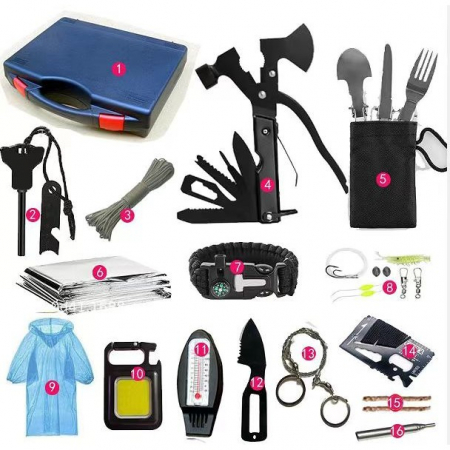 Sub 99 Lei - Lichidare Kit Supravietuire Multifunctional Flippy, Instrumente Profesionale, Sub Forma de Trusa, pentru Camping, Drumetii si Aventuri in Aer Liber, Albastru