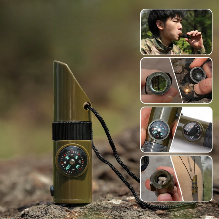 Sub 99 Lei - Lichidare Kit supravieturie Flippy, Fluier multifunctional 7 in 1, pentru drumetii, hiking, lupa, fluier, termometru, depozitare pastile, busola, din material ABS, cu snur, 9,7 x 2,8 cm, verde