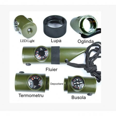 Kit supravieturie Flippy, Fluier multifunctional 7 in 1, pentru drumetii, hiking, lupa, fluier, termometru, depozitare pastile, busola, din material ABS, cu snur, 9,7 x 2,8 cm, verde [10]