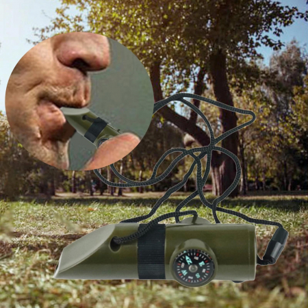 Lichidare Kit supravieturie Flippy, Fluier multifunctional 7 in 1, pentru drumetii, hiking, lupa, fluier, termometru, depozitare pastile, busola, din material ABS, cu snur, 9,7 x 2,8 cm, verde [6]