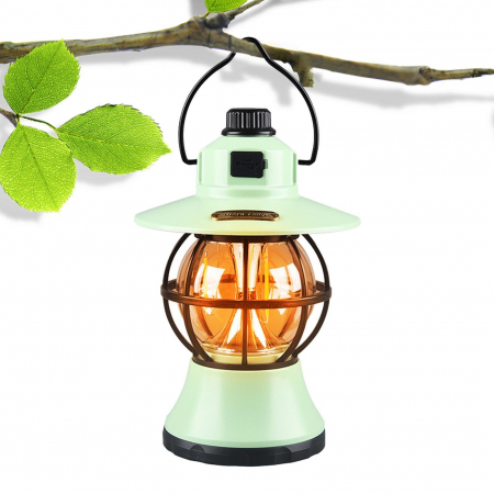 Lampă de camping retro portabilă, Felinar Vintage LED ABS, Acumulator inclus 1200 mAh, reincarcabila, 3 moduri de iluminare, intensitate reglabila,Lampa portabila pentru cort în aer liber, Mint [4]