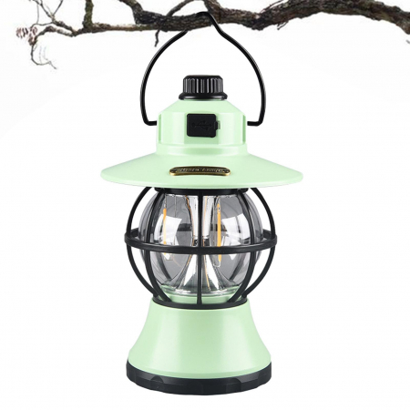 Lampă de camping retro portabilă, Felinar Vintage LED ABS, Acumulator inclus 1200 mAh, reincarcabila, 3 moduri de iluminare, intensitate reglabila,Lampa portabila pentru cort în aer liber, Mint [7]