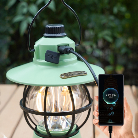 Lampă de camping retro portabilă, Felinar Vintage LED ABS, Acumulator inclus 1200 mAh, reincarcabila, 3 moduri de iluminare, intensitate reglabila,Lampa portabila pentru cort în aer liber, Mint [6]