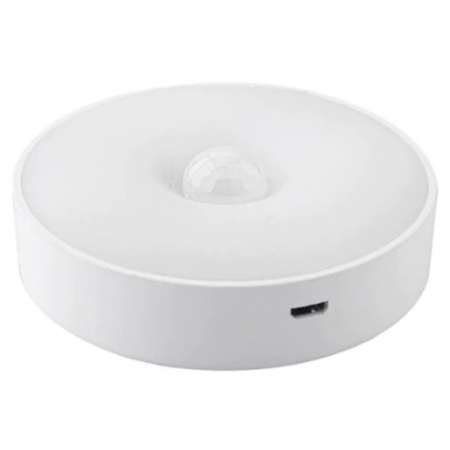 Iluminat & electrice - Lampa de Veghe LED, Flippy, cu Senzor de Miscare, Doua Tipuri de Lumina Alb Rece, Incarcare USB, Intrerupator On/Off/Auto, 0.6W, 300mAh, Design Rotund, Alb, 8.5x2.3 cm