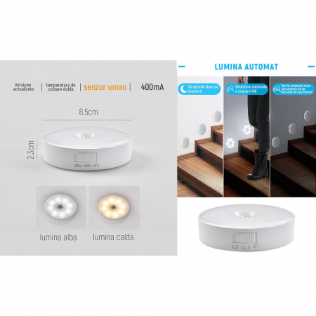 Lampa de Veghe LED, Flippy, cu Senzor de Miscare, Incarcare USB, 0.6W, 300mAh, Design Rotund, Alb, 8.5x2.3 cm [4]