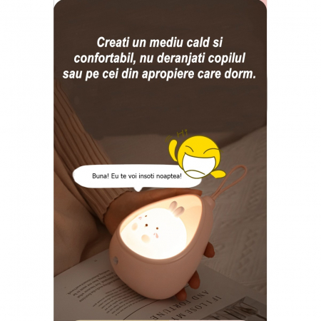 Lampa de veghe portabila cu 2 moduri de functionare Flippy, silicon non-toxic, reincarcabila USB, senzor miscare, alb, iepuras [5]