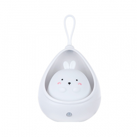Pentru Casa si Camping - Lampa de veghe portabila cu 2 moduri de functionare Flippy, silicon non-toxic, reincarcabila USB, senzor miscare, alb, iepuras