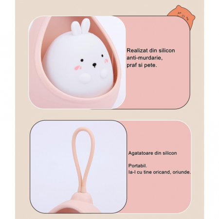 Lampa de veghe portabila cu 2 moduri de functionare Flippy, silicon non-toxic, reincarcabila USB, senzor miscare, alb, iepuras [15]