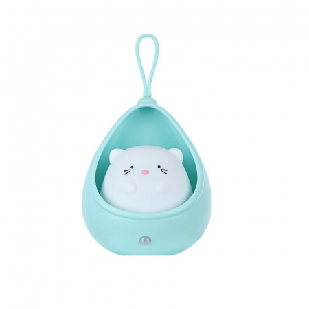 Pentru Casa si Camping - Lampa de veghe portabila cu 2 moduri de functionare Flippy, silicon non-toxic, reincarcabila USB, senzor miscare, albastru, pisicuta