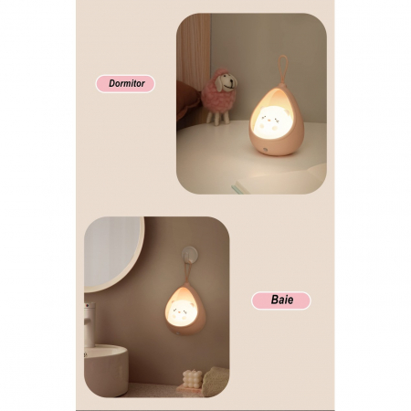 Lampa de veghe portabila cu 2 moduri de functionare Flippy, silicon non-toxic, reincarcabila USB, senzor miscare, roz, iepuras [5]