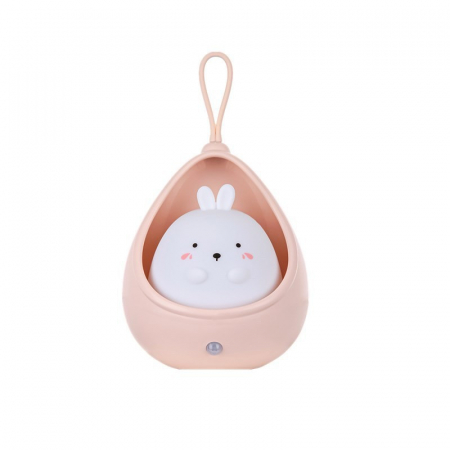 Pentru Casa si Camping - Lampa de veghe portabila cu 2 moduri de functionare Flippy, silicon non-toxic, reincarcabila USB, senzor miscare, roz, iepuras