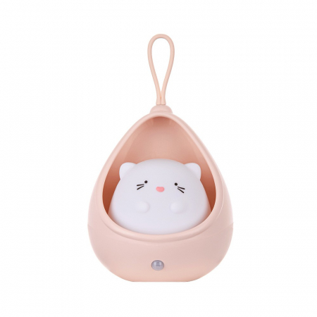 Pentru Casa si Camping - Lampa de veghe portabila cu 2 moduri de functionare Flippy, silicon non-toxic, reincarcabila USB, senzor miscare, roz, pisicuta