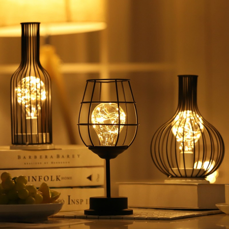Lampa Decorativa cu Leduri, Flippy, Model Pahar de Vin, cu Baterii, 13 x 13 x 28 cm, Suport Negru, Lumina Alb Cald [8]
