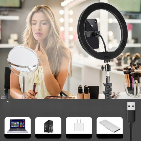 Lampa LED Circulara cu Trepied Metalic Extensibil, Flippy, Rotativa 360 de Grade, Lungime Extensie 210 cm, Diametru Lampa 26 cm, Conectare USB, Telecomanda, 3 Trepte de Lumina, Negru [4]