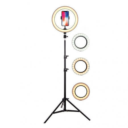 Lampa LED Circulara cu Trepied Metalic Extensibil, Flippy, Rotativa 360 de Grade, Lungime Extensie 210 cm, Diametru Lampa 26 cm, Conectare USB, Telecomanda, 3 Trepte de Lumina, Negru [0]