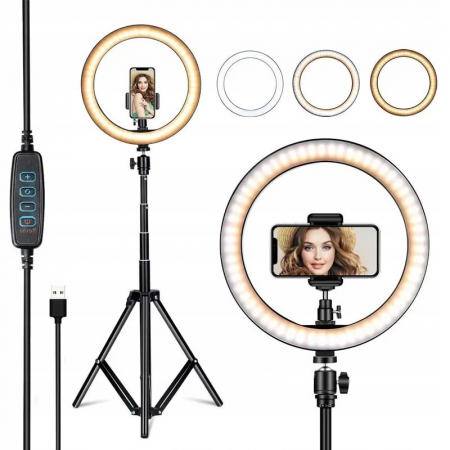 Lampa LED Circulara cu Trepied Metalic Extensibil, Flippy, Rotativa 360 de Grade, Lungime Extensie 210 cm, Diametru Lampa 26 cm, Conectare USB, Telecomanda, 3 Trepte de Lumina, Negru [13]