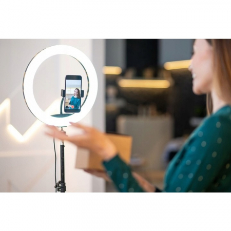 Lampa LED Circulara cu Trepied Metalic Extensibil, Flippy, Rotativa 360 de Grade, Lungime Extensie 210 cm, Diametru Lampa 26 cm, Conectare USB, Telecomanda, 3 Trepte de Lumina, Negru [7]
