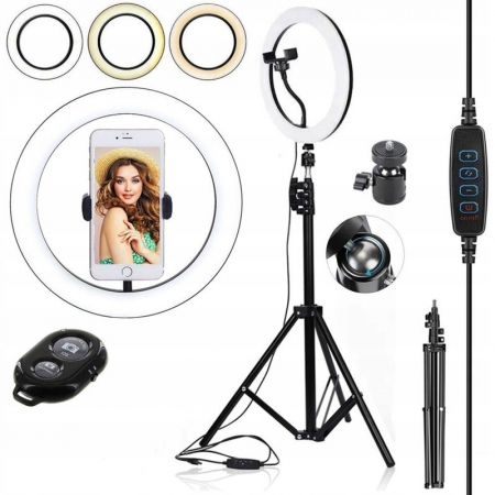 Lampa LED Circulara cu Trepied Metalic Extensibil, Flippy, Rotativa 360 de Grade, Lungime Extensie 210 cm, Diametru Lampa 26 cm, Conectare USB, Telecomanda, 3 Trepte de Lumina, Negru [3]