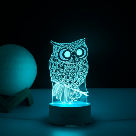 Lampa LED decorativa, Flippy, 3D, Bufnita, cu USB si baterii, 20 cm inaltime, din material acril, lumina multicolora si telecomanda inclusa, alb [2]