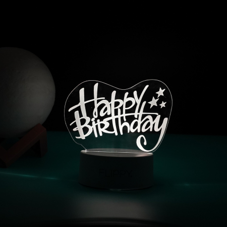 Lampa LED decorativa, Flippy, 3D, Happy Birthday, cu USB si baterii, 20 cm inaltime, din material acril, lumina multicolora si telecomanda inclusa, alb [2]