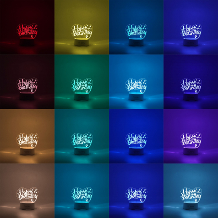 Lampa LED decorativa, Flippy, 3D, Happy Birthday, cu USB si baterii, 20 cm inaltime, din material acril, lumina multicolora si telecomanda inclusa, alb [1]