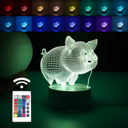 Pentru Casa si Camping - Lampa LED decorativa, Flippy, 3D, Porcusor Gras, din material acril si lumina multicolora, alb