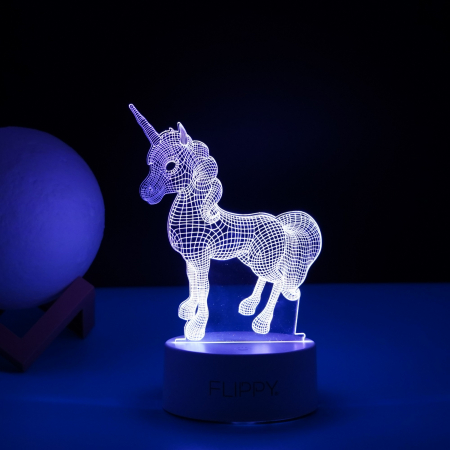 Lampa LED decorativa, Flippy, 3D, Unicorn, cu USB si baterii, 20 cm inaltime, din material acril, lumina multicolora si telecomanda inclusa, alb [2]