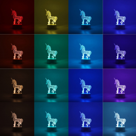 Lampa LED decorativa, Flippy, 3D, Unicorn, cu USB si baterii, 20 cm inaltime, din material acril, lumina multicolora si telecomanda inclusa, alb [1]