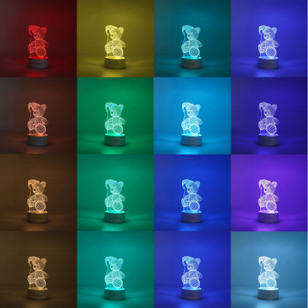 Lampa LED decorativa, Flippy, 3D, Urs cu palarie, cu telecomanda, doua moduri de alimentare USB si baterii, 20 cm inaltime, din material acril si lumina multicolora, alb [2]