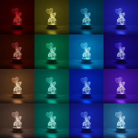 Lampa LED decorativa, Flippy, 3D, Ursulet cu balon inima, cu telecomanda, doua moduri de alimentare USB si baterii, 20 cm inaltime, din material acril si lumina multicolora, alb [2]