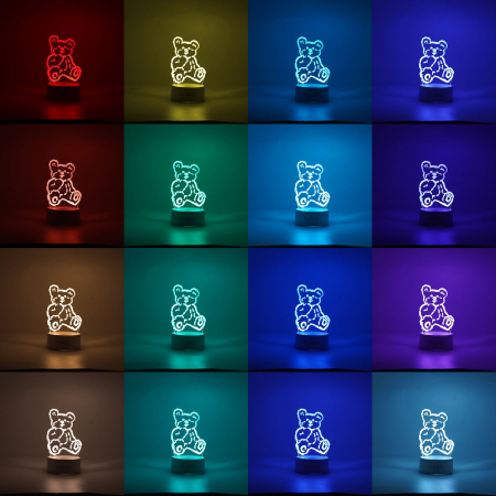 Lampa LED decorativa, Flippy, 3D, Ursulet, cu telecomanda, doua moduri de alimentare USB si baterii, 20 cm inaltime, din material acril si lumina multicolora, alb [1]