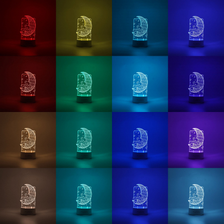 Lampa LED decorativa, Flippy, 3D, Ursulet si Semiluna, cu telecomanda, doua moduri de alimentare USB si baterii, 20 cm inaltime, din material acril si lumina multicolora, alb [1]