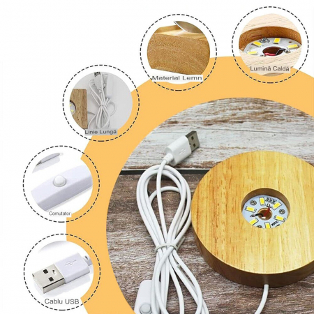 Lampa LED Decorativa, Flippy, cu Bila de Cristal cu Diametru 6cm, Model Brad de Craciun 3D, Alimentare USB, Suport din Lemn, Lumina Alb Cald [4]