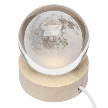 Iluminat & electrice - Lampa LED Decorativa, Flippy, cu Bila de Cristal cu Diametru 6cm, Model Luna 3D, Alimentare USB, Suport din Lemn, Lumina Alb Cald