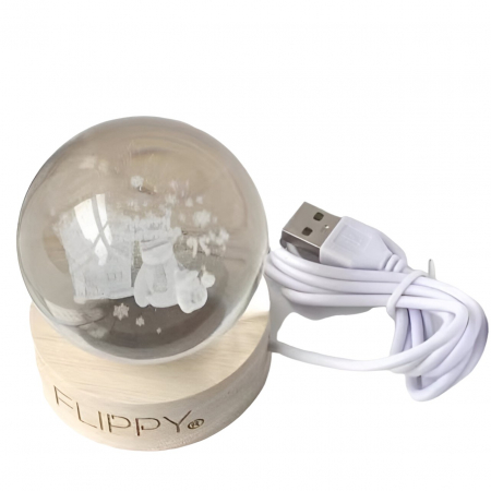 Pentru Casa si Camping - Lampa LED Decorativa, Flippy, cu Bila de Cristal cu Diametru 6cm, Model Merry Christmas 3D, Alimentare USB, Suport din Lemn, Lumina Alb Cald