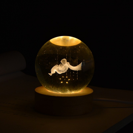 Lichidare Lampa LED Decorativa, Flippy, cu Bila de Cristal cu Diametru 6cm, Model Micul Print 3D, Alimentare USB, Suport din Lemn, Lumina Alb Cald [4]