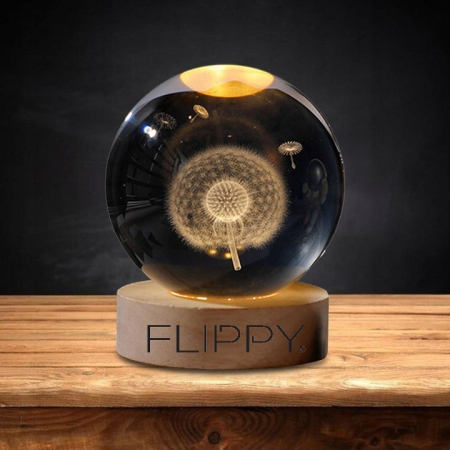 Lampa LED Decorativa, Flippy, cu Bila de Cristal cu Diametru 6cm, Model Papadie 3D, Alimentare USB, Suport din Lemn, Lumina Alb Cald [3]