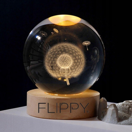 Lampa LED Decorativa, Flippy, cu Bila de Cristal cu Diametru 6cm, Model Papadie 3D, Alimentare USB, Suport din Lemn, Lumina Alb Cald [2]