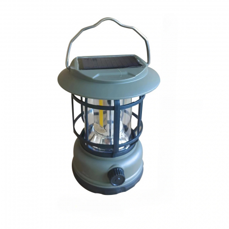 Kit-uri Supravietuire si Accesorii Camping - Lampa portabila camping, Felinar Vintage, ABS, Iluminare 30 COB LED, Intensitate reglabila, Acumulator inclus, Incarcare Solara si USB, 5W, Flippy, Verde