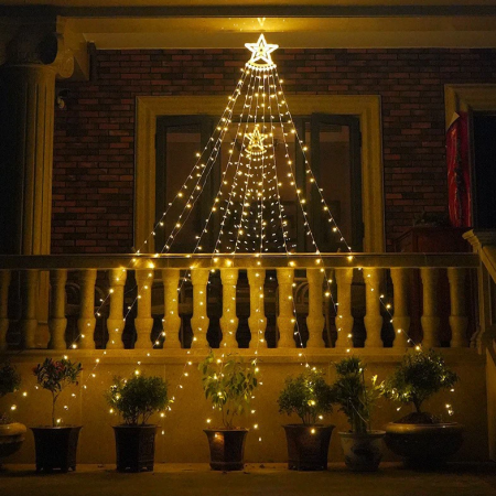 Decoratiuni luminoase exterioare & interioare - Instalatie perdea cu varf stea, 210 led, 9 franjuri, telecomanda, alb cald