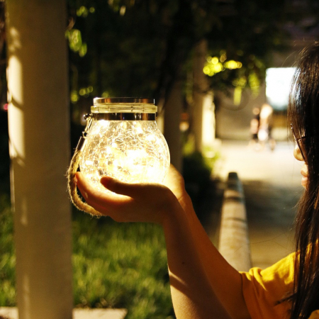 Lampa solara decorativa pentru exterior Flippy, IP65, 20 LED-uri, 600mAh, 14 x 12 cm, cu agatatoare, model borcan rotund, alb cald [2]