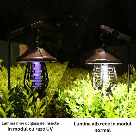 Lampa solara pentru gradina, anti-insecte, tantari, muste, UV, LED, material ABS, putere 5W, 1.2 V, autonomie 8 ore, 2 moduri de functionare, IP65, electric shock 380 volti, 30 x 19.5 cm, maro [10]