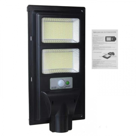 Iluminat & electrice - Lampa solara stradala Flippy, cu suport de prindere si telecomanda, senzor de miscare si lumina, 96 LED-uri, IP65, ABS, 5AH, 100W, temperatura culoare 6500K, 37.8x18.8x5 cm, autonomie 10-12 ore, negru