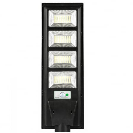 Pentru Casa si Camping - Lampa solara stradala Flippy, cu telecomanda, senzor de miscare si lumina, suport prindere, 192 LED-uri, IP65, ABS, 8AH, 200W, temperatura culoare 6500K, 58.6x18.8x5 cm, autonomie 10-12 ore, negru