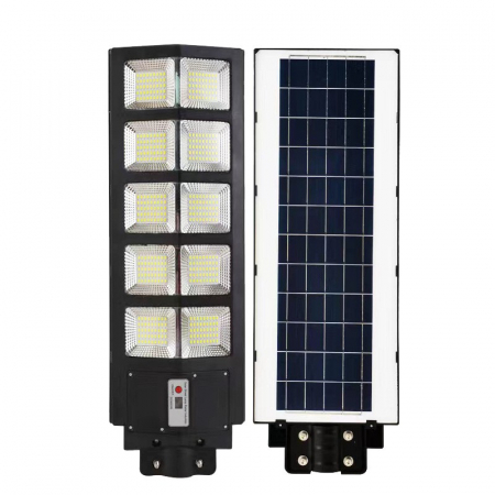 Pentru Casa si Camping - Lampa solara stradala Flippy, cu telecomanda, senzor de miscare si lumina, suport prindere, 225 LED-uri, IP65, ABS, 15AH, 300W, temperatura culoare 6500K, 69.5x24.3x6.8 cm, autonomie 10-12 ore, negru