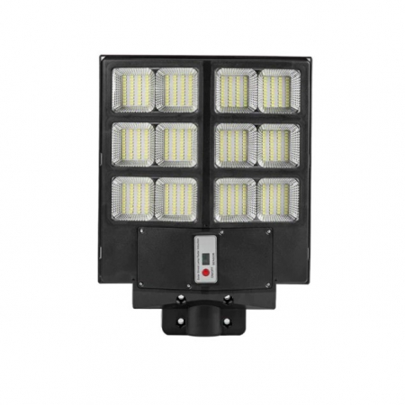 Pentru Casa si Camping - Lampa solara stradala Flippy, cu telecomanda, senzor de miscare si lumina, suport prindere, 480 LED-uri, IP65, ABS, 15AH, 300W, temperatura culoare 6500K, 44.6x34.8x7.2 cm, autonomie 10-12 ore, negru